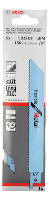 Förpackning för Bosch S922BF sågblad, 5-pack, passar för metall, storlek 150x19x0,9 mm.