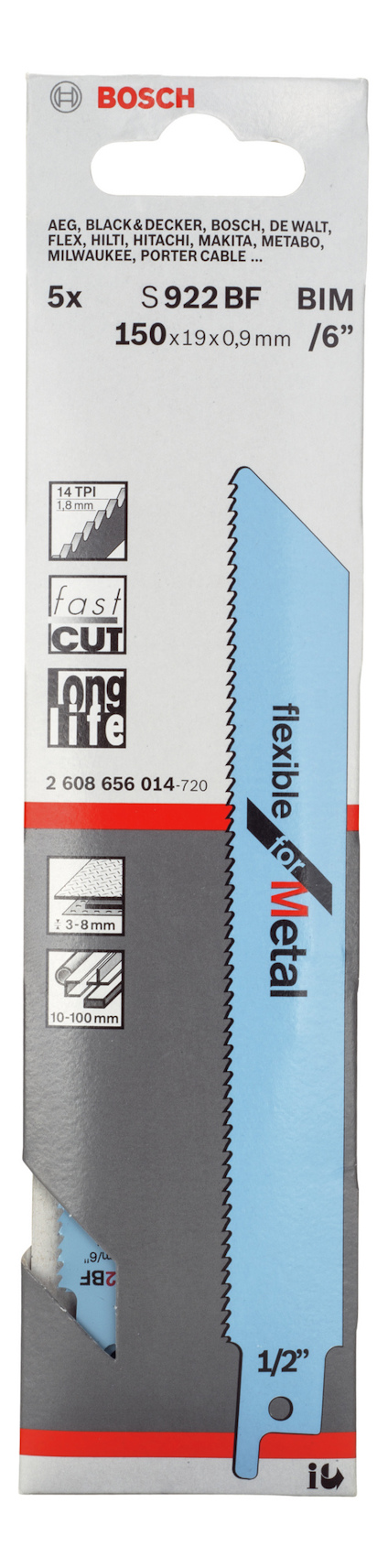 Förpackning för Bosch S922BF sågblad, 5-pack, passar för metall, storlek 150x19x0,9 mm.