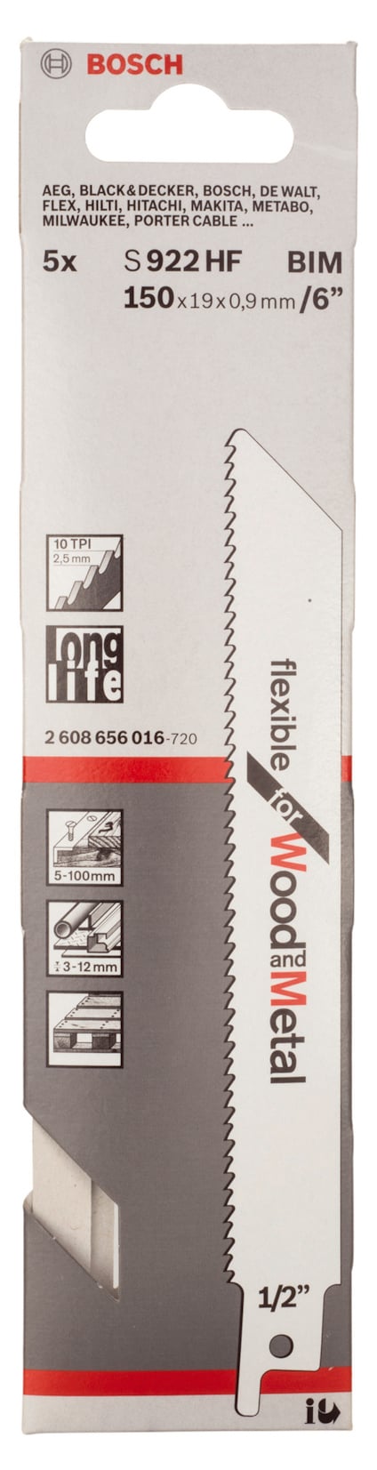 Förpackning med Bosch sticksågblad, modell S922 HF, 150x19x0,9 mm, 6" för metall.