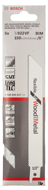 Förpackning med Bosch S 922 VF flexibel tigersågblad för trä och metall, 150 mm.