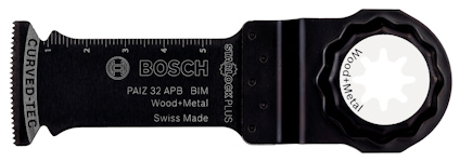 Svart sågbasadapter med text: "PAIZ 32 APB BIM Wood-Metal Swiss Made", och Bosch-logotyp.
