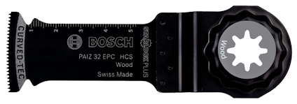 Sågblad med text "BOSCH" och "Swiss Made", uppvisar tandad förslutning och monteringsmekanism i metall.