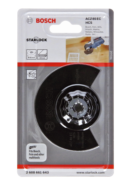 Förpackning med Bosch Starlock sågblad ACZ 85 EC HCS, inklusive produktinformation och specifikationer.