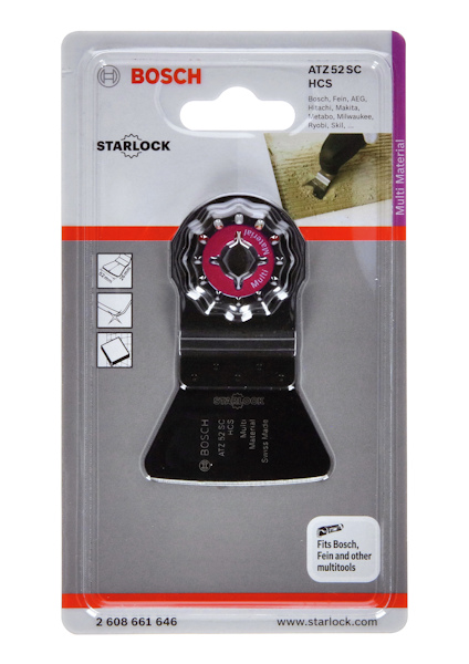 Förpackning med Bosch Starlock ATZ 52 SC multiverktygstillbehör för läggning av mattor och skrapar.