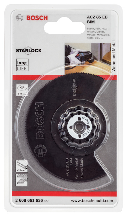 Förpackning med Bosch cirkelsågblad ACZ 85 EB för trä och metall, märkning "Starlock", "long life".