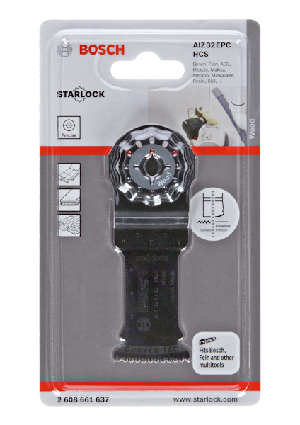 Förpackning med Bosch Starlock sågfäste AI232EPC HCS, kompatibelt med Bosch, Fein och andra multiverktyg.