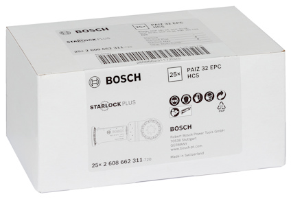 Förpackning med Bosch Starlock Plus PAIZ 32 EPC HCS sågblad, 25 stycken.