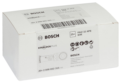 Vit kartong med Bosch-logotyp och etiketttext: "Starlock Plus, PAIZ 32 APB, BIM, 25x" och adressinformation.