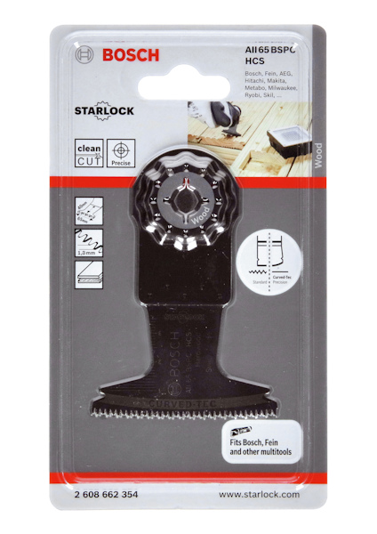 Förpackning med ett Bosch Starlock sågblad. Text: "AII65 BSPC HCS", "Fits Bosch, Fein and other multitools."