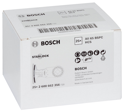 Förpackning med Bosch Starlock cirkelsågblad, artikelnummer AIi 65 BSPC HCS, innehållande 25 stycken. Made in Switzerland.