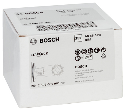 Förpackning av Bosch Starlock med 25 st All 65 APB BIM sågblad.