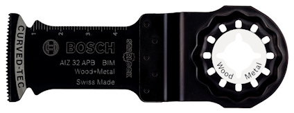 Sågblad med svart kropp, tandkant och texten "BOSCH", "Wood-Metal", samt mätmarkeringar.