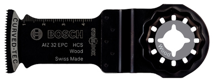 Oscillerande sågblad från Bosch med märkningar och tandad kant. Svart färg och rund infästning.