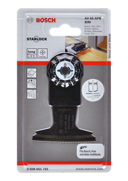 Förpackning med Bosch Starlock sågblad, modell AII 65 APB BIM, för trä och metall.