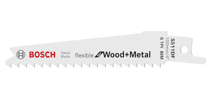 Tigersågblad med texten: "Bosch Swiss Made flexible Wood+Metal S511DF 10mm 4mm".