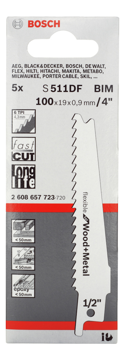Förpackning för Bosch S511DF BIM sågblad, visar specifikationer och varumärkeslogotyper.