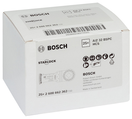 Kartong med 25 Bosch AIZ 32 BSPC HCS Starlock sågblad. Streckkod och tillverkningsinformation synlig. Made in Switzerland.