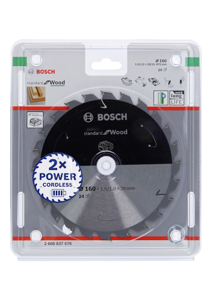 Förpackad cirkelsågklinga från Bosch för trä, 160 mm, 24 tänder, med text: "2X Power Cordless".