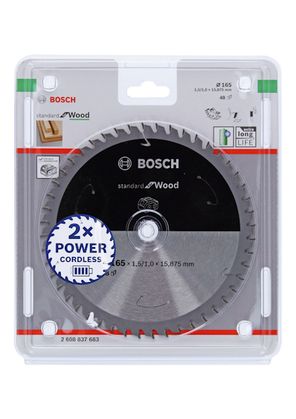 Cirkelsågklinga i förpackning med texten "Bosch Standard for Wood", symboler för träbearbetning och sladdlös användning.