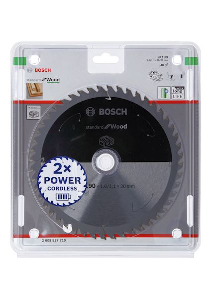 Cirkelsågsklinga Bosch Standard for Wood i förpackning, 190 mm diameter, 30 mm hål, 2x Power Cordless.