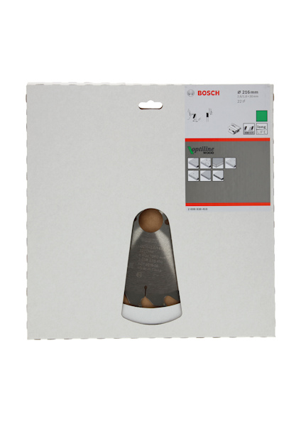 Förpackning med Bosch sågblad, innehåller en trekantig sågklinga synlig genom ett fönster i kartongen.