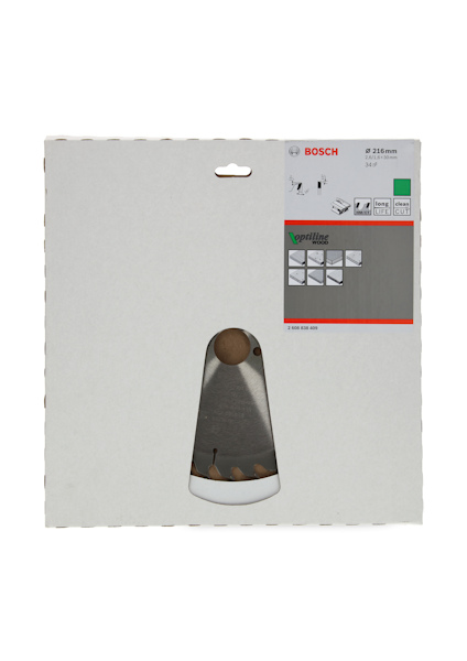 Förpackning med Bosch tillbehör, inklusive en rund kona, delvis synlig genom ett utskuret fönster.