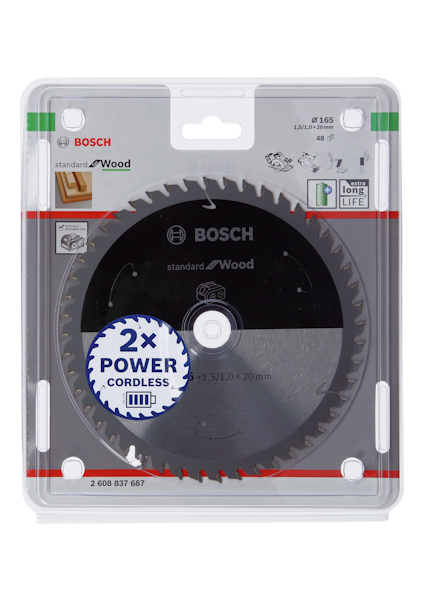 Cirkelsågblad från Bosch för trä, packad i genomskinlig förpackning. 48 tänder, 165 mm diameter, 20 mm håldiameter.