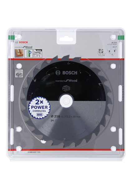 Cirkelsågblad från Bosch för trä, 216 mm, 24 tänder, modellnummer 2 608 837 721, förpackning med text "2x POWER CORDLESS".