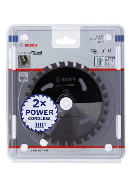 Rundsågblad i förpackning märkt BOSCH, standard for Steel, 136 mm 30°, med symboler för lång livslängd och 2x Power Cordless.