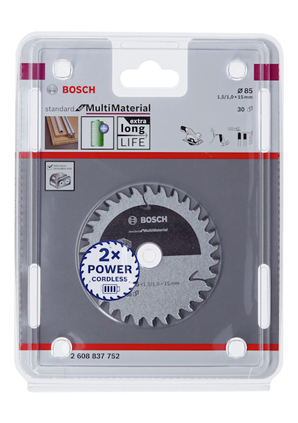 Förpackning med cirkelsågklinga från Bosch, "MultiMaterial, extra long life", 85 mm diameter, 30 tänder.