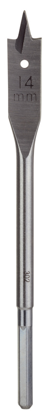 Metallborr med flata kanter och spets, märkt med texten "14 mm".