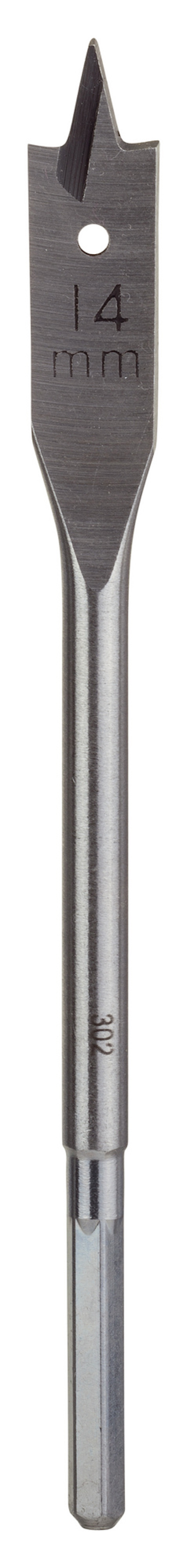 Metallborr med flata kanter och spets, märkt med texten "14 mm".