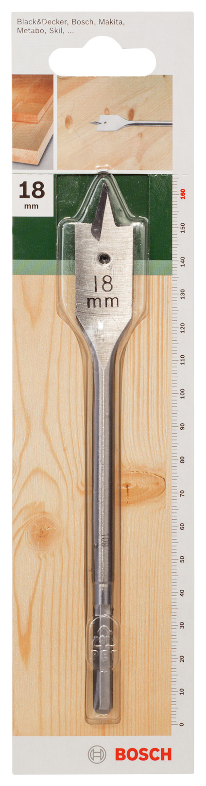 Förpackad borr med text "18 mm" och Bosch-logotyp.