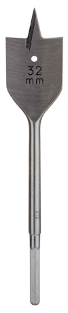 Borr med platt spets och skaft, märkning "32 mm" synlig på bladet.