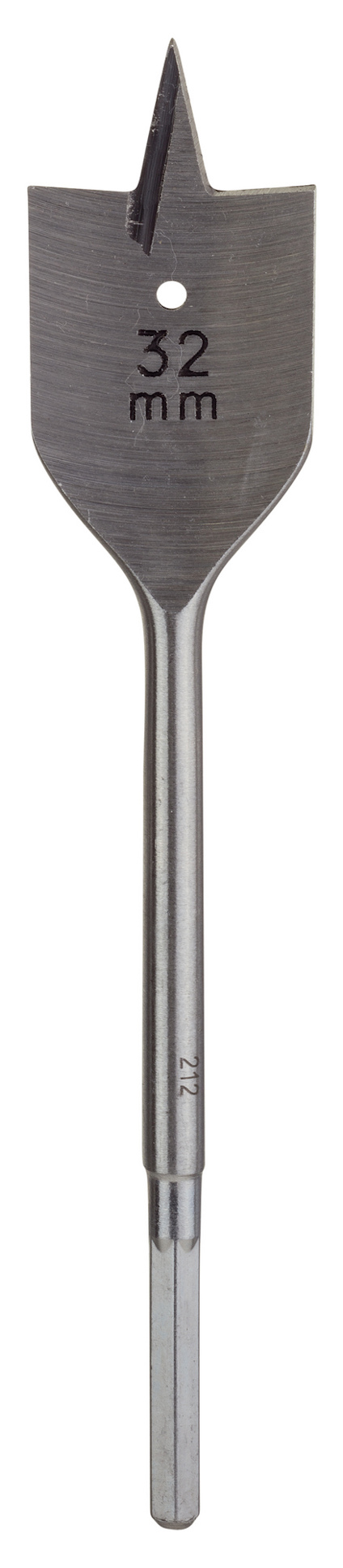 Borr med platt spets och skaft, märkning "32 mm" synlig på bladet.