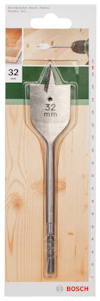Borr från Bosch med platt träborrspets, storlek 32 mm, förpackad på kartong med illustration och logotyp.