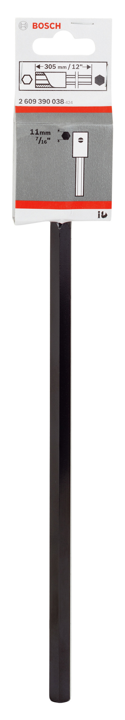 Svart borraxel från Bosch med etikett och produktinformation, inklusive storlek 8x200 mm och stämpel ”H”.