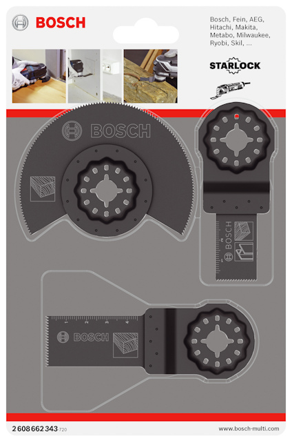 Förpackning med tre Bosch Starlock verktygsblad för multifunktionsverktyg.