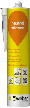 Förpackning med vit tätningsmassa, märkt "neutral silicone" och "weber".