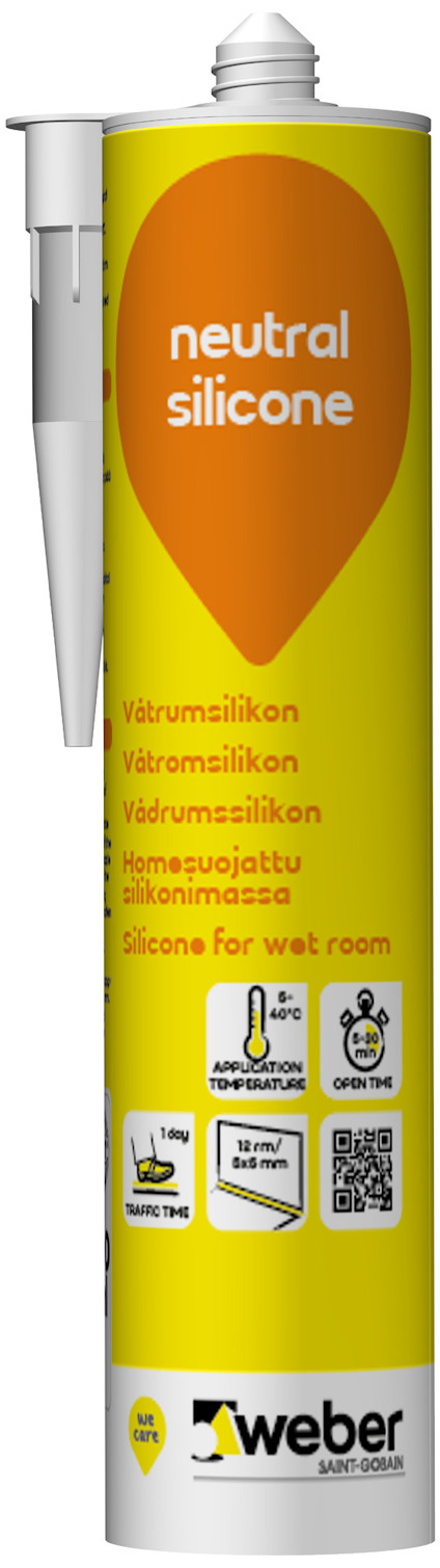 Förpackning med vit tätningsmassa, märkt "neutral silicone" och "weber".