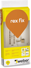 Förpackning med texten "rex fix" och "weber", visar interiörbild av badrum.