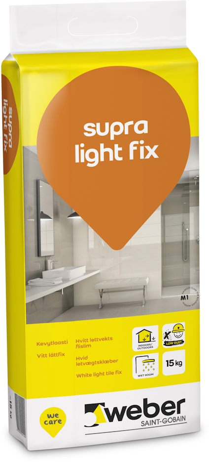 Förpackning Weber Supra Light Fix vitt 15 kg med grafiska ikoner och text på framsidan.