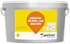 Hink med etikett som visar "webertec 2K folie- och skarvlim", 5 kg, med illustrationer för användning.