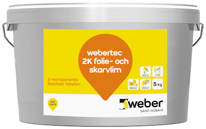 Hink med etikett som visar "webertec 2K folie- och skarvlim", 5 kg, med illustrationer för användning.