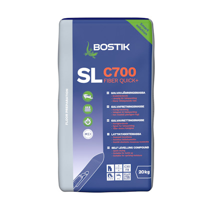 Förpackning av Bostik golvavjämningsmassa SL C700 Fiber Quick+ 20kg med symboler och produktinformation.