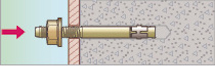 Expanderbult fäst i betong, med mutter och bricka synliga ovanför ytan.