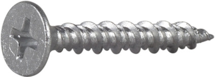 Metallskruv med korsspårhuvud och gängad axel på en grå bakgrund.