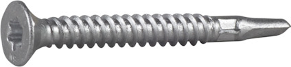 Skruv med försänkt huvud och gängad kropp, tillverkad i metall.