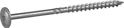 Träskruv med rund skalle och gänga längs skaftet, i metall.