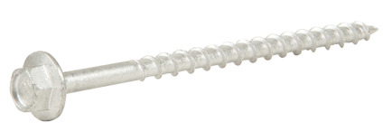 Metallic hexagonal-head screw with threaded shaft on black background.
